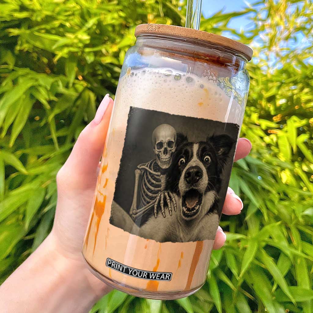 Funny Skeleton Selfie With Border Collie Glass Can Halloween Spooky Dog Lover Gift TS12 Black Print Your Wear
