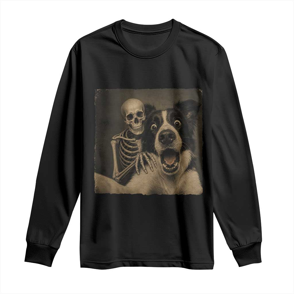Funny Skeleton Selfie With Border Collie Long Sleeve Shirt Halloween Spooky Dog Lover Gift TS12 Black Print Your Wear