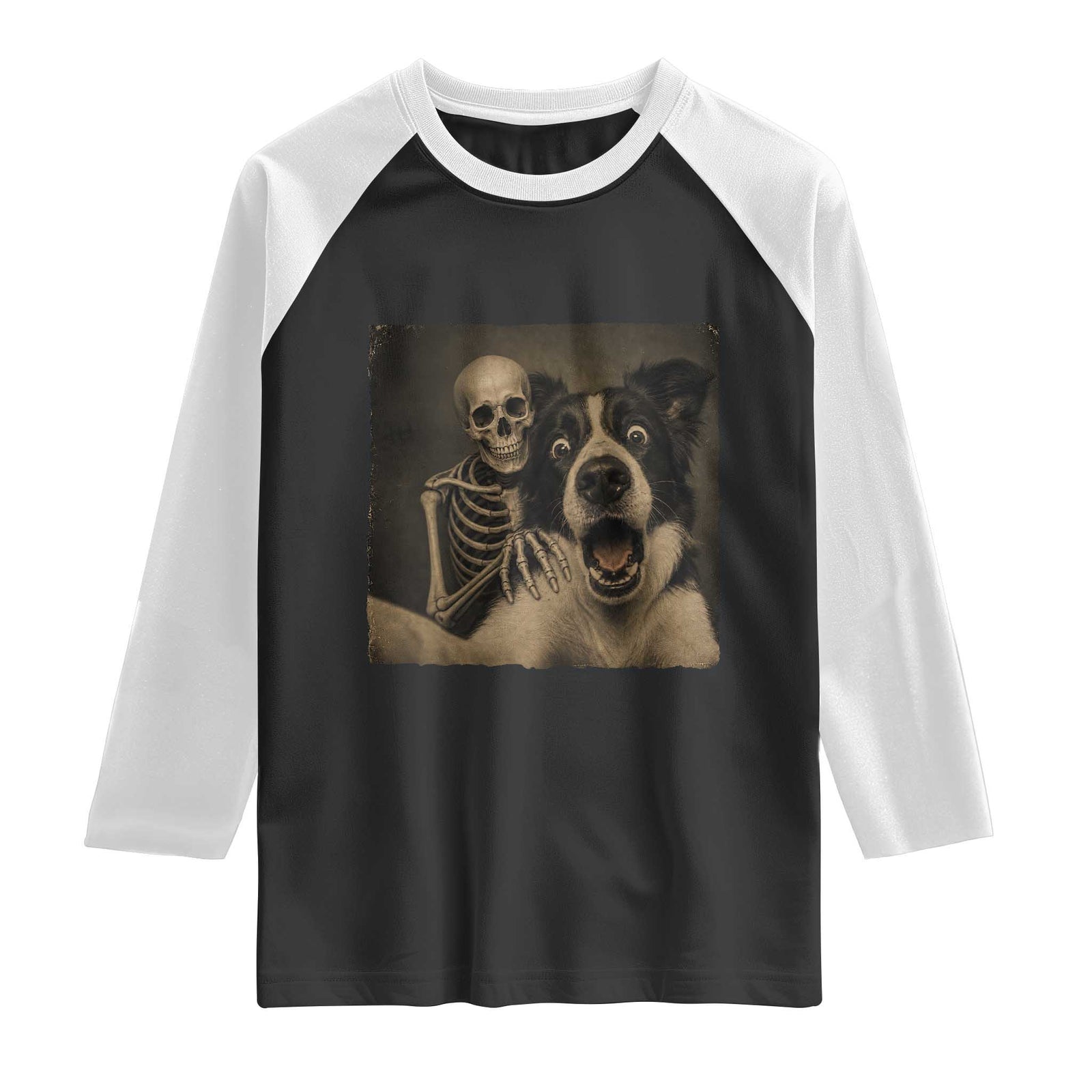 Funny Skeleton Selfie With Border Collie Raglan Shirt Halloween Spooky Dog Lover Gift TS12 Black White Print Your Wear