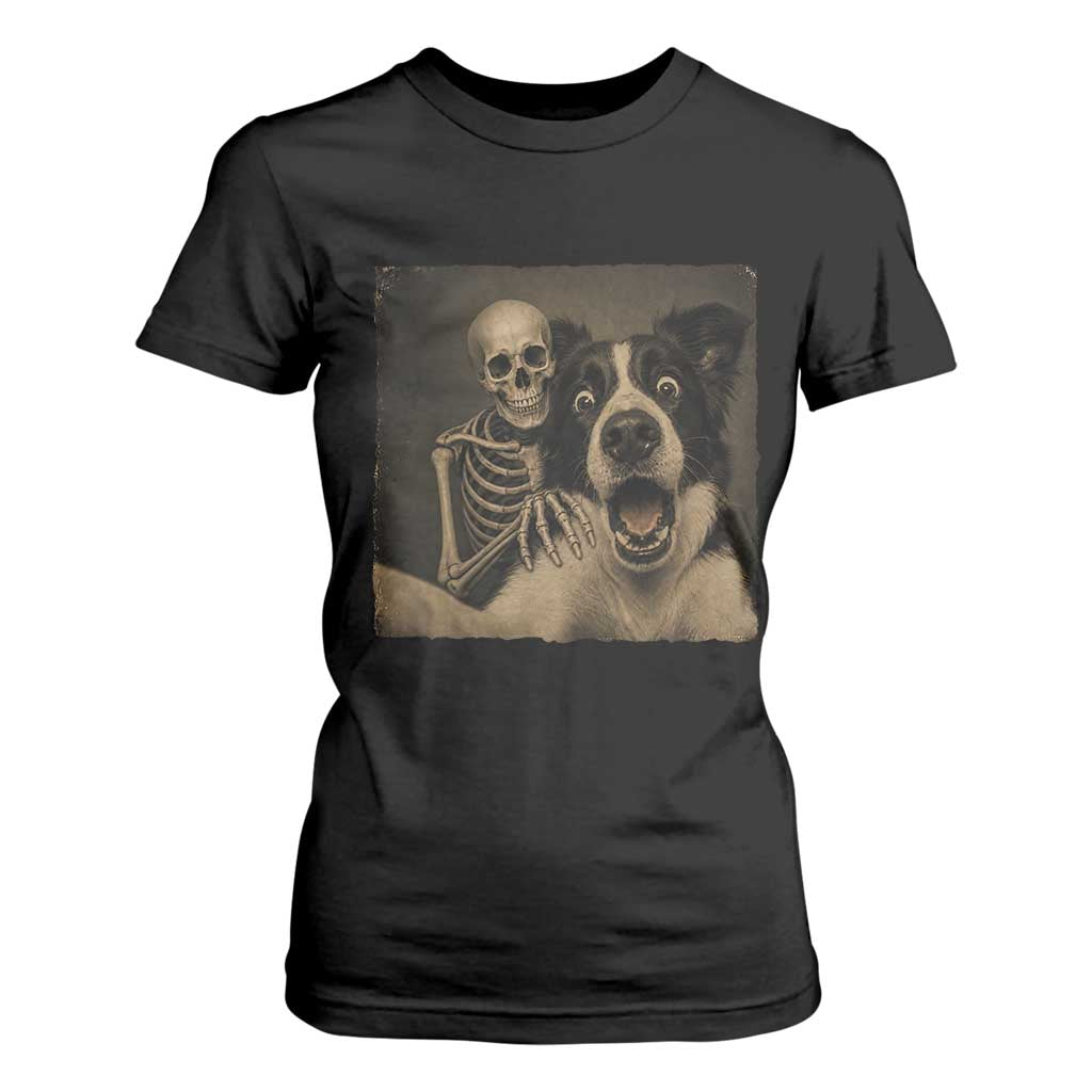 Funny Skeleton Selfie With Border Collie T Shirt For Women Halloween Spooky Dog Lover Gift TS12 Black Print Your Wear