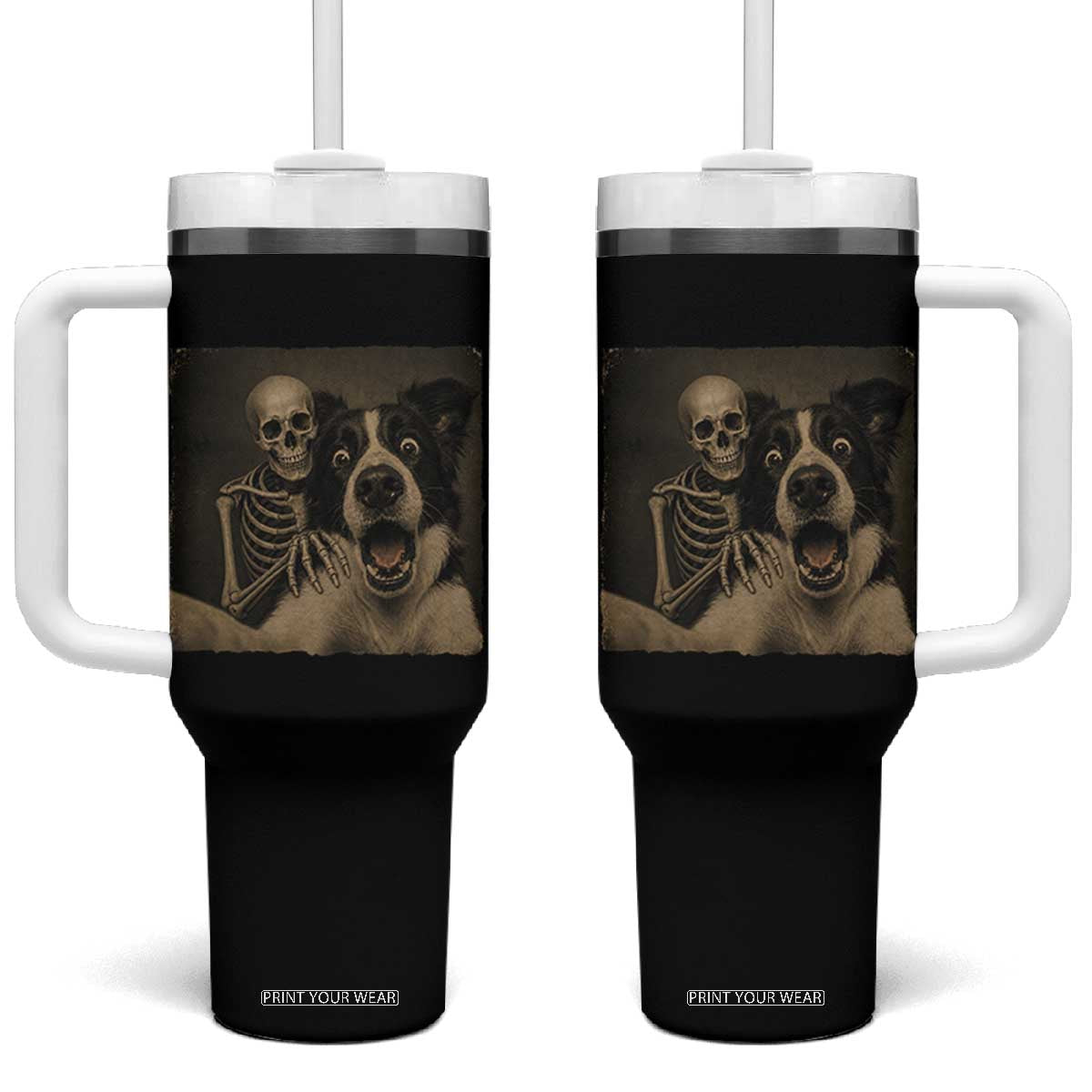 Funny Skeleton Selfie With Border Collie Tumbler With Handle Halloween Spooky Dog Lover Gift TS12 One Size: 40 oz Black Print Your Wear