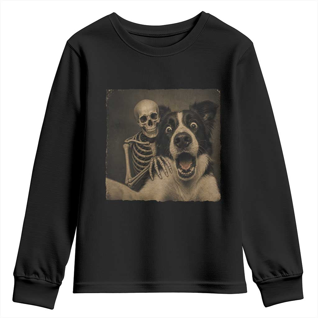 Funny Skeleton Selfie With Border Collie Youth Sweatshirt Halloween Spooky Dog Lover Gift TS12 Black Print Your Wear