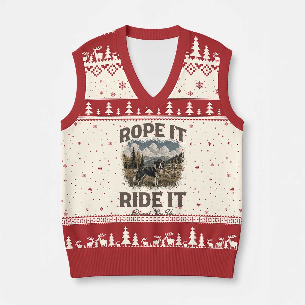 Border Collie Cowboy Farm Dog V-Neck Knit Sweater Vest Rope It Ride It Round Em Up Ranch Life Gift TS12 Beige Red Print Your Wear