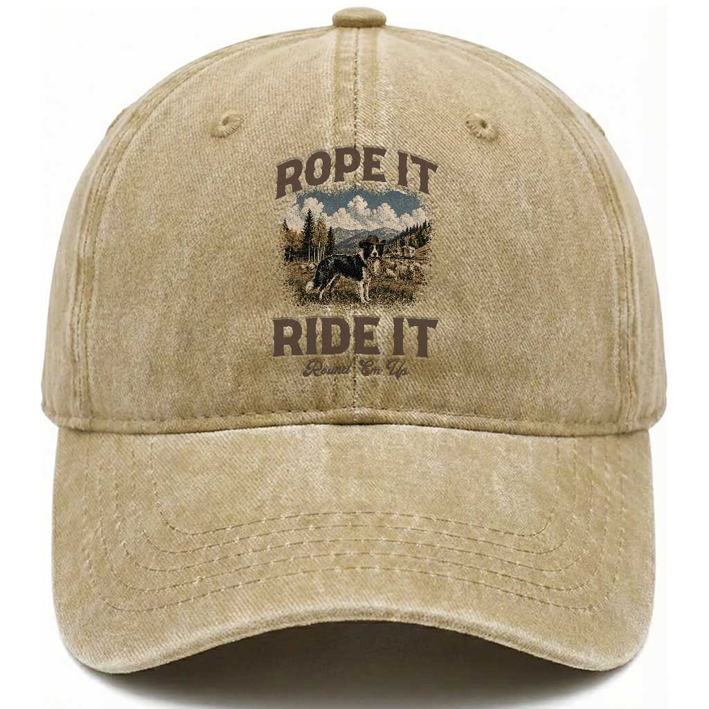 Border Collie Cowboy Farm Dog Washed Cotton Baseball Cap Rope It Ride It Round Em Up Ranch Life Gift TS12 Print Your Wear