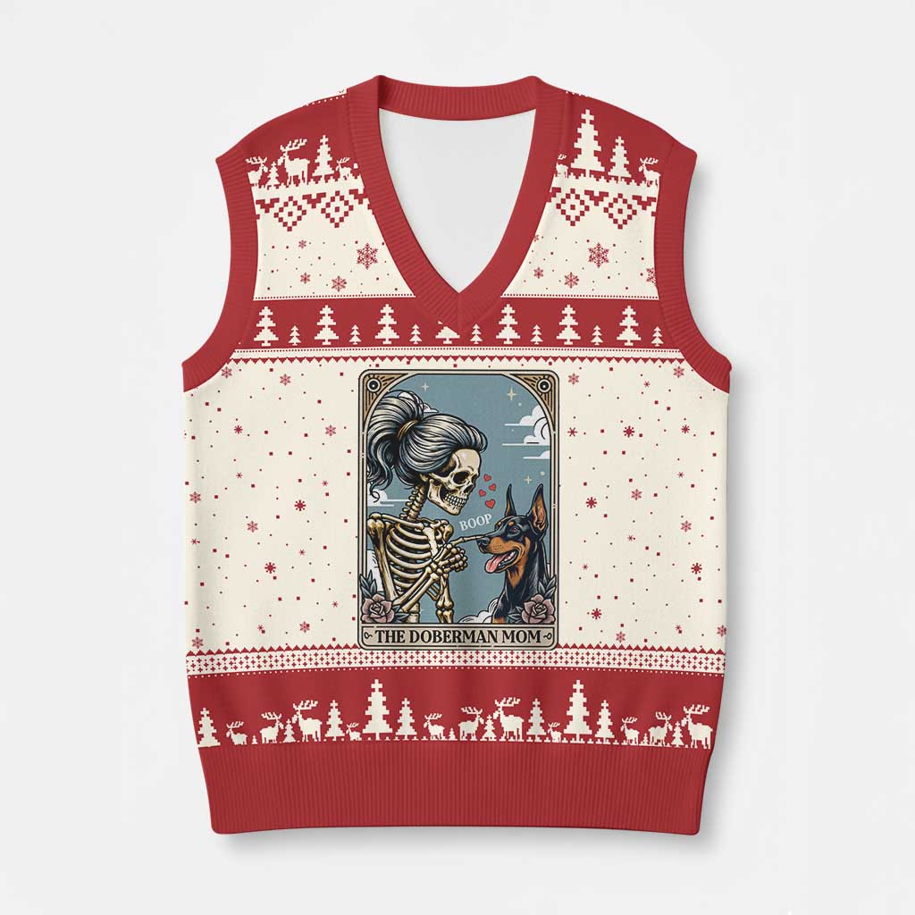 The Doberman Mom Skeleton Tarot Card V-Neck Knit Sweater Vest Boop Dobie Halloween Dog Lover Gift TS12 Beige Red Print Your Wear