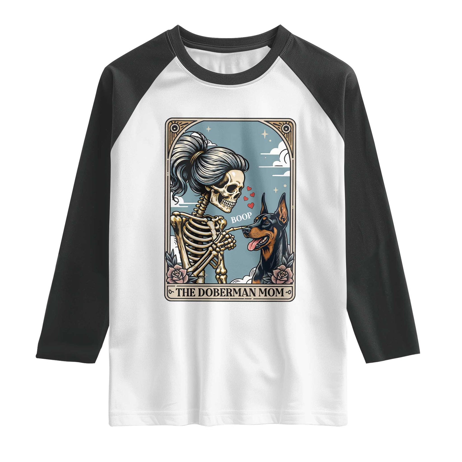 The Doberman Mom Skeleton Tarot Card Raglan Shirt Boop Dobie Halloween Dog Lover Gift TS12 White Black Print Your Wear