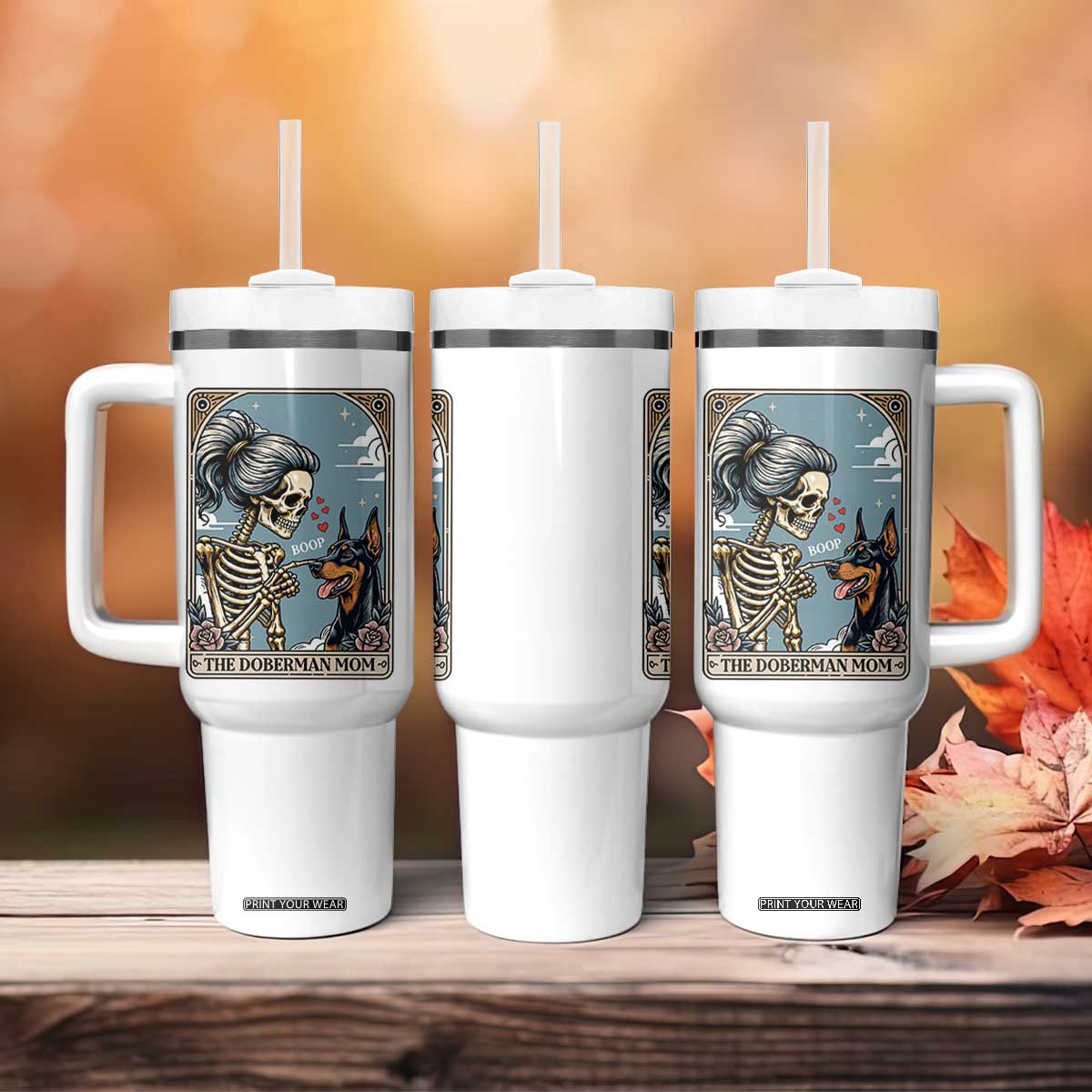 The Doberman Mom Skeleton Tarot Card Tumbler With Handle Boop Dobie Halloween Dog Lover Gift