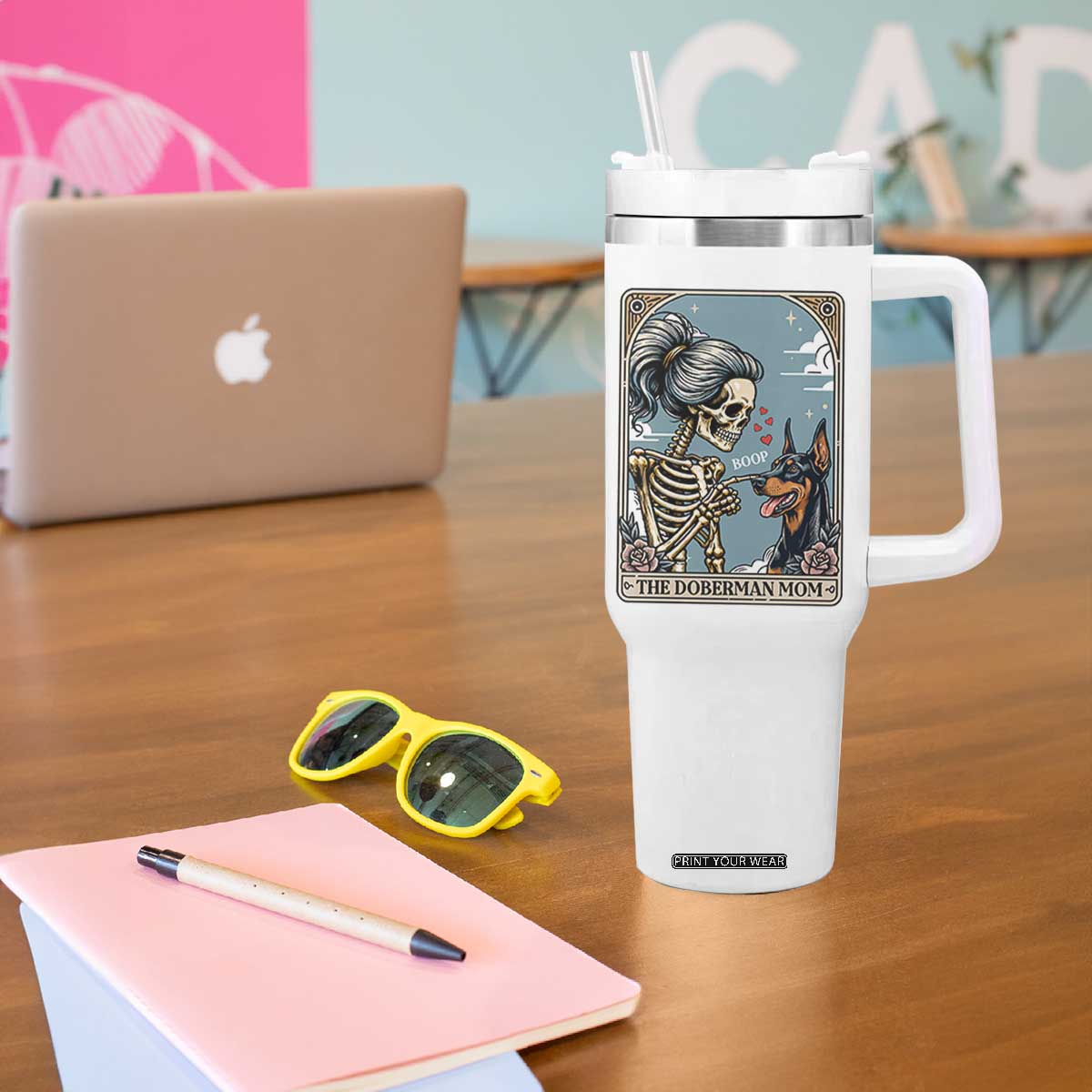 The Doberman Mom Skeleton Tarot Card Tumbler With Handle Boop Dobie Halloween Dog Lover Gift