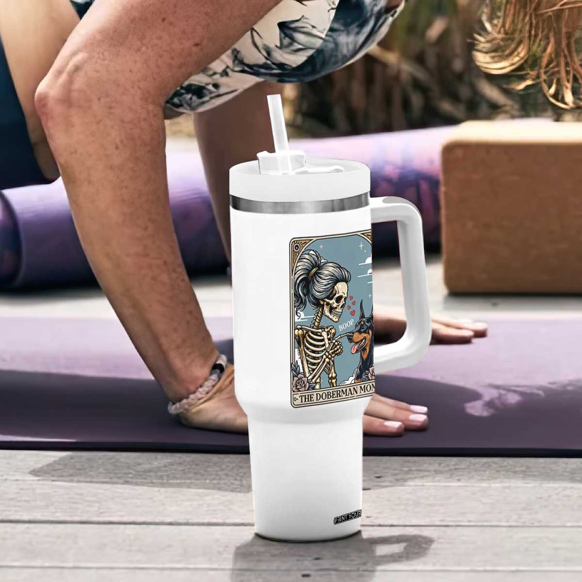 The Doberman Mom Skeleton Tarot Card Tumbler With Handle Boop Dobie Halloween Dog Lover Gift