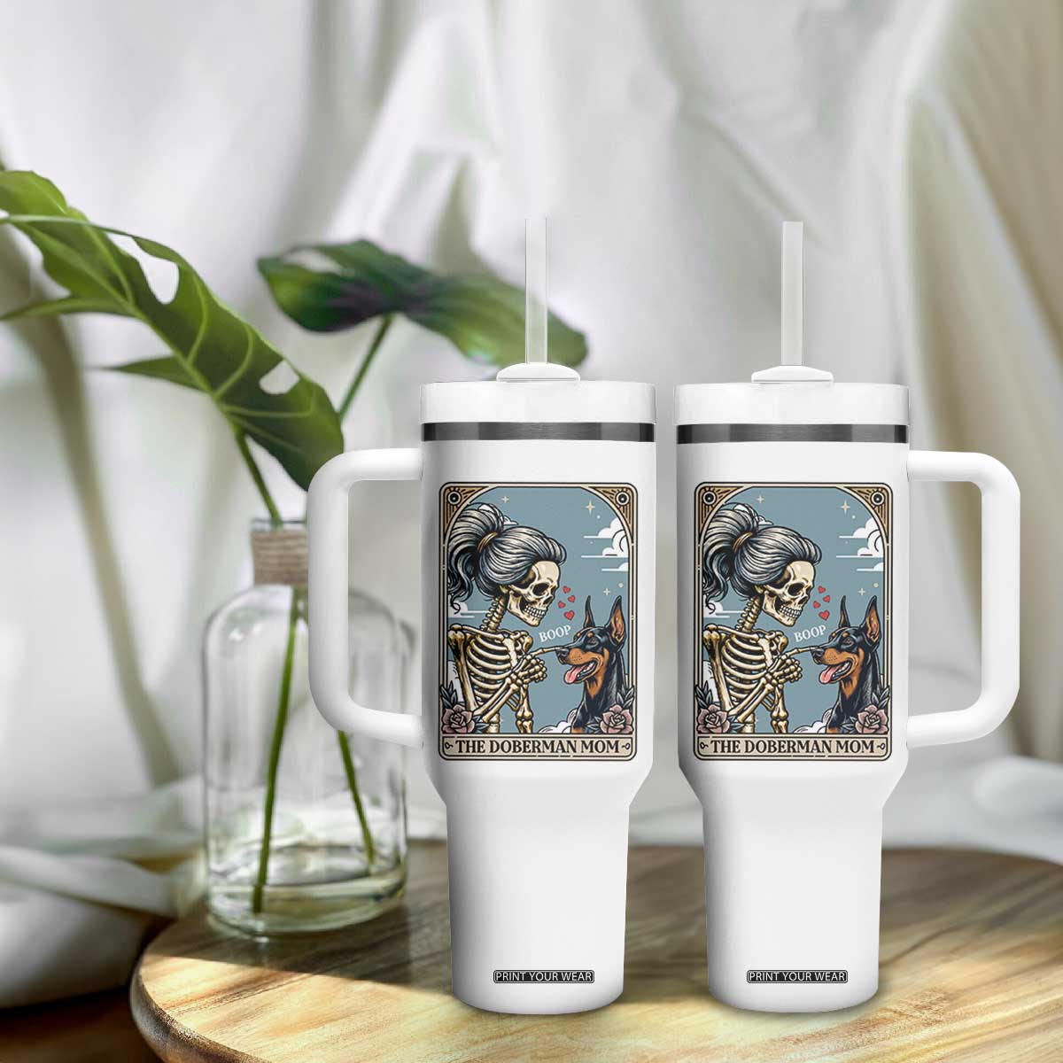 The Doberman Mom Skeleton Tarot Card Tumbler With Handle Boop Dobie Halloween Dog Lover Gift