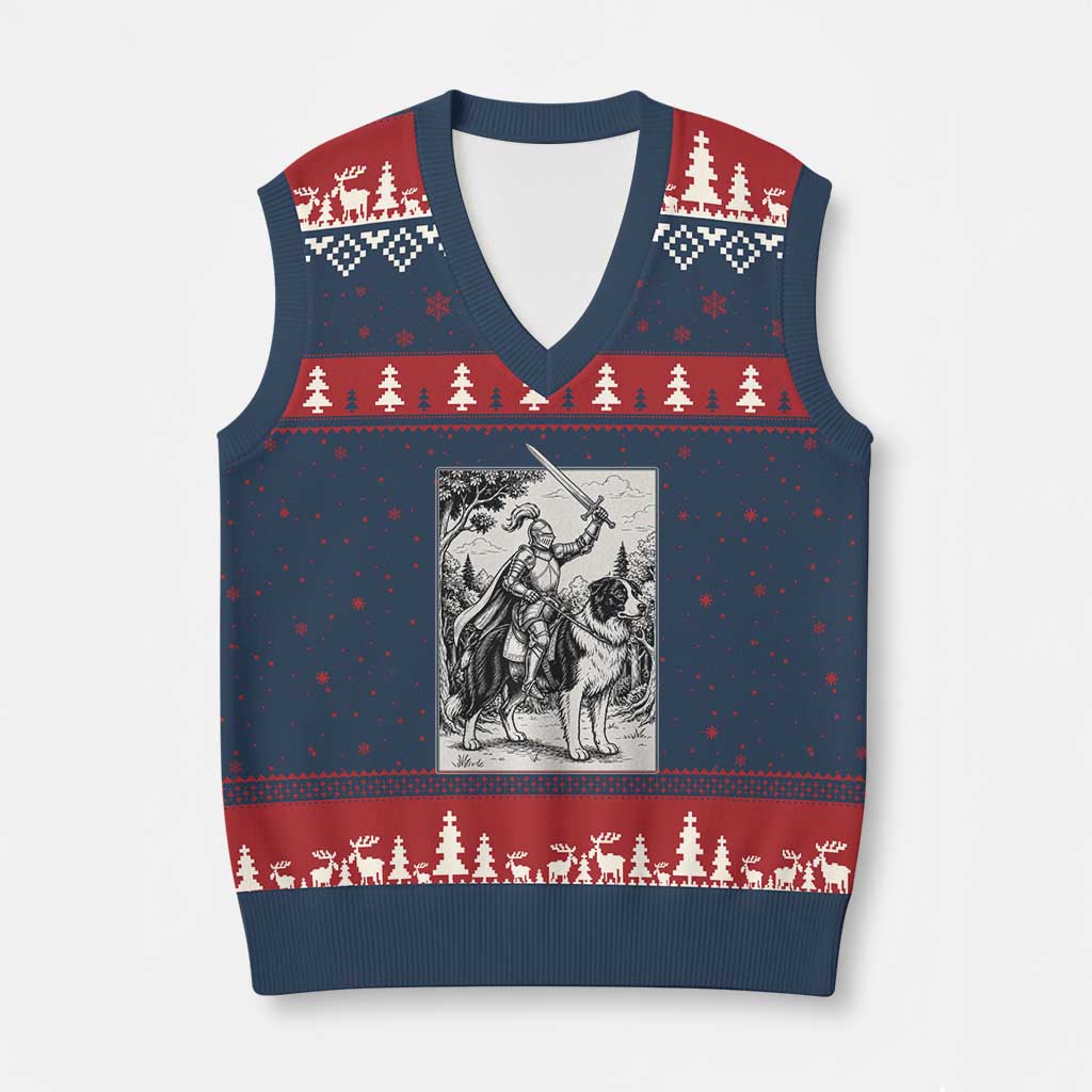Funny Medieval Knight Border Collie Rider V-Neck Knit Sweater Vest Renaissance Fantasy Dog Lover Gift TS12 Navy Red Print Your Wear
