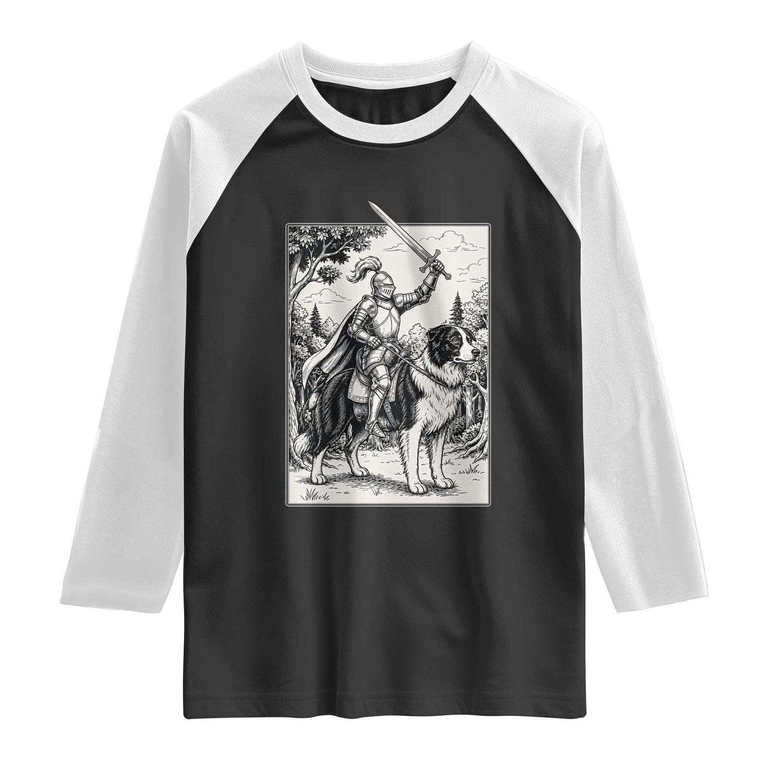 Funny Medieval Knight Border Collie Rider Raglan Shirt Renaissance Fantasy Dog Lover Gift TS12 Black White Print Your Wear