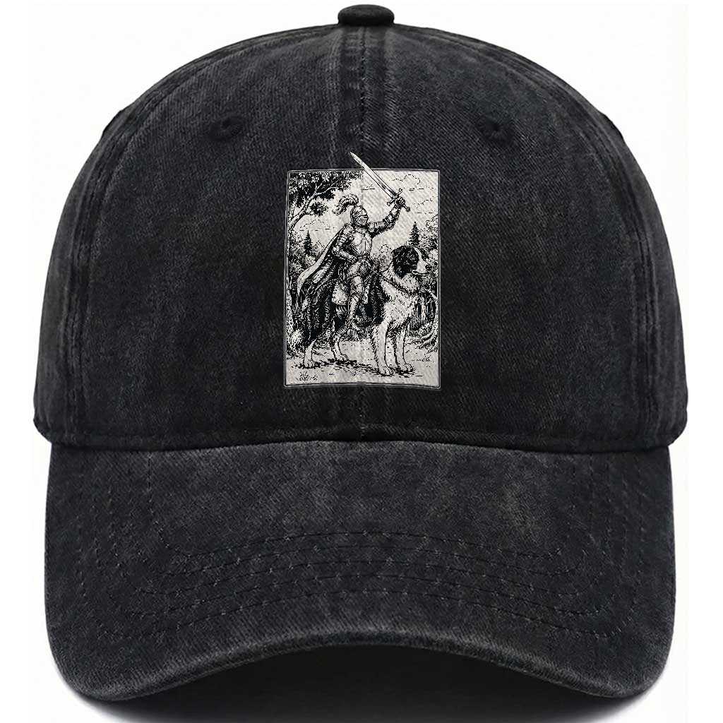 Funny Medieval Knight Border Collie Rider Washed Cotton Baseball Cap Renaissance Fantasy Dog Lover Gift TS12 Print Your Wear
