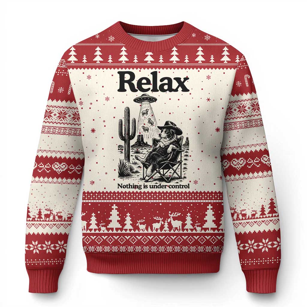 Funny Border Collie UFO Sheep Farmer Ugly Christmas Sweater Relax Nothing Is Under Control Alien Dog Lover Gift TS12 Beige Red Print Your Wear