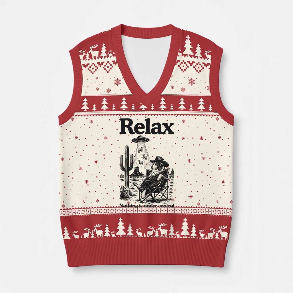 Funny Border Collie UFO Sheep Farmer V-Neck Knit Sweater Vest Relax Nothing Is Under Control Alien Dog Lover Gift TS12 Beige Red Print Your Wear