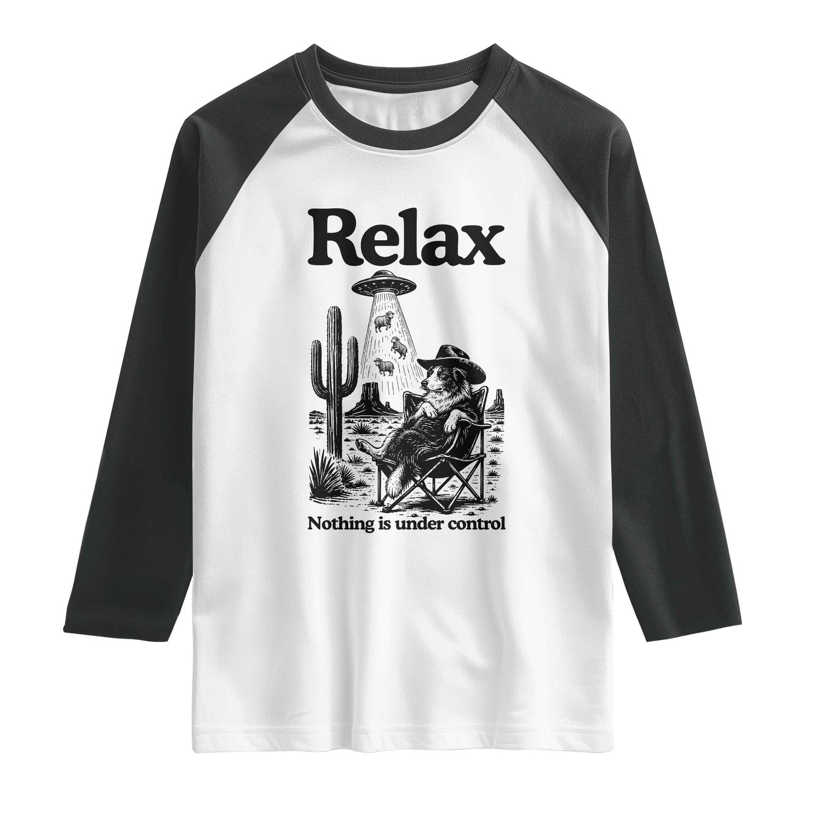 Funny Border Collie UFO Sheep Farmer Raglan Shirt Relax Nothing Is Under Control Alien Dog Lover Gift TS12 White Black Print Your Wear