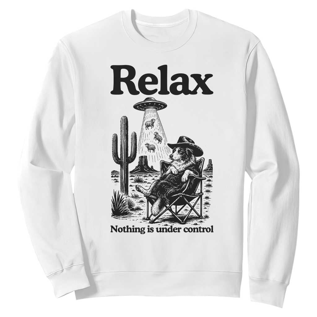Funny Border Collie UFO Sheep Farmer Sweatshirt Relax Nothing Is Under Control Alien Dog Lover Gift TS12 White Print Your Wear