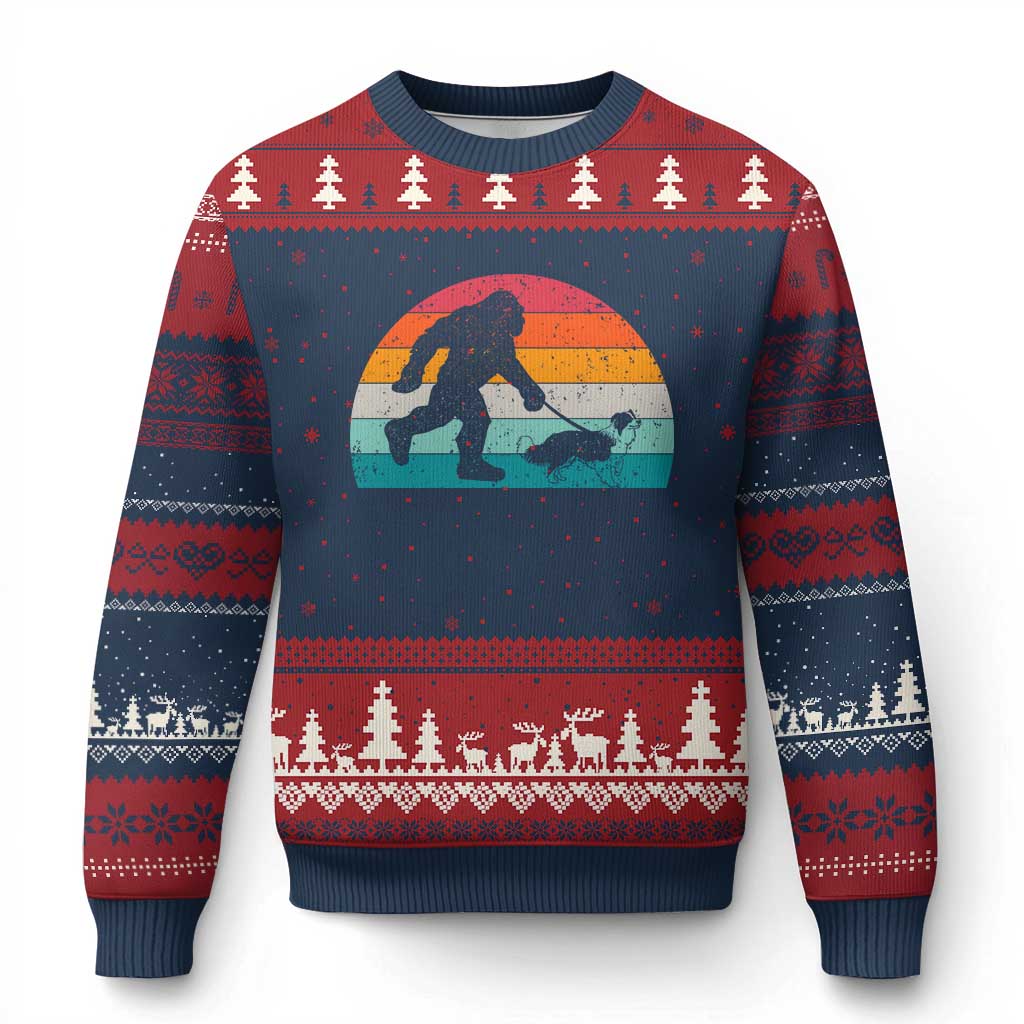 Funny Bigfoot Walking Border Collie Dog Ugly Christmas Sweater Vintage Dog Lover Gift TS12 Navy Red Print Your Wear