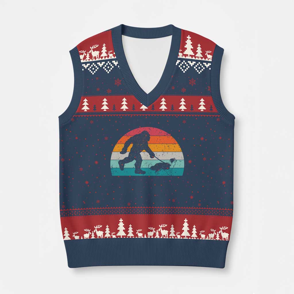 Funny Bigfoot Walking Border Collie Dog V-Neck Knit Sweater Vest Vintage Dog Lover Gift TS12 Navy Red Print Your Wear