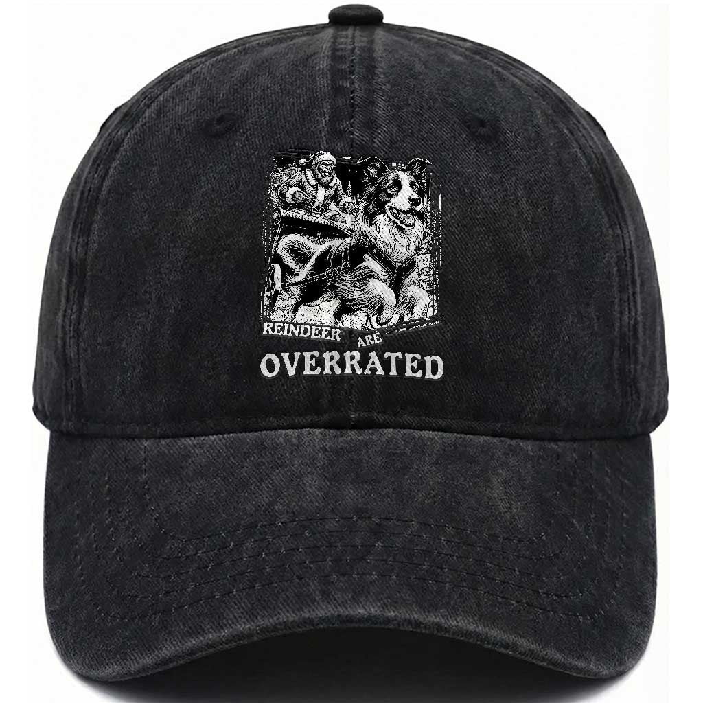 Funny Bigfoot Santa Border Collie Sleigh Christmas Gift Washed Cotton Baseball Cap Funny Reindeer Are Overrated TS12 Print Your Wear