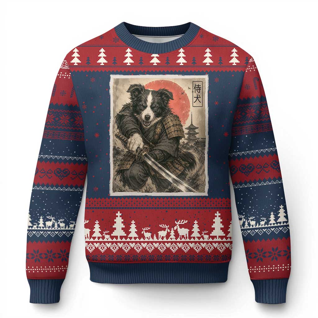 Japanese Border Collie Samurai Warrior Ugly Christmas Sweater Vintage Ukiyoe Dog Lover TS12 Navy Red Print Your Wear