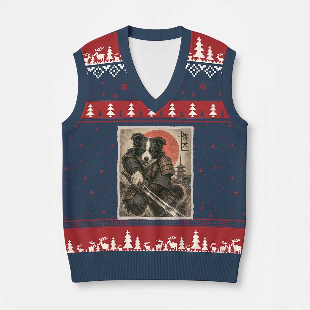 Japanese Border Collie Samurai Warrior V-Neck Knit Sweater Vest Vintage Ukiyoe Dog Lover TS12 Navy Red Print Your Wear