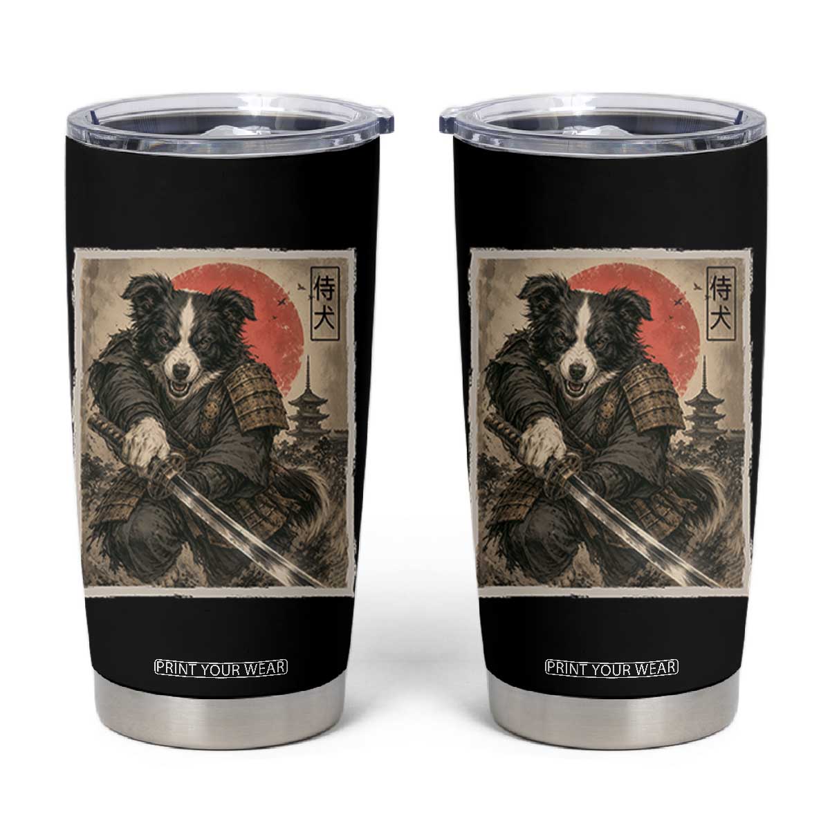 Japanese Border Collie Samurai Warrior Tumbler Cup Vintage Ukiyoe Dog Lover TS12 Black Print Your Wear