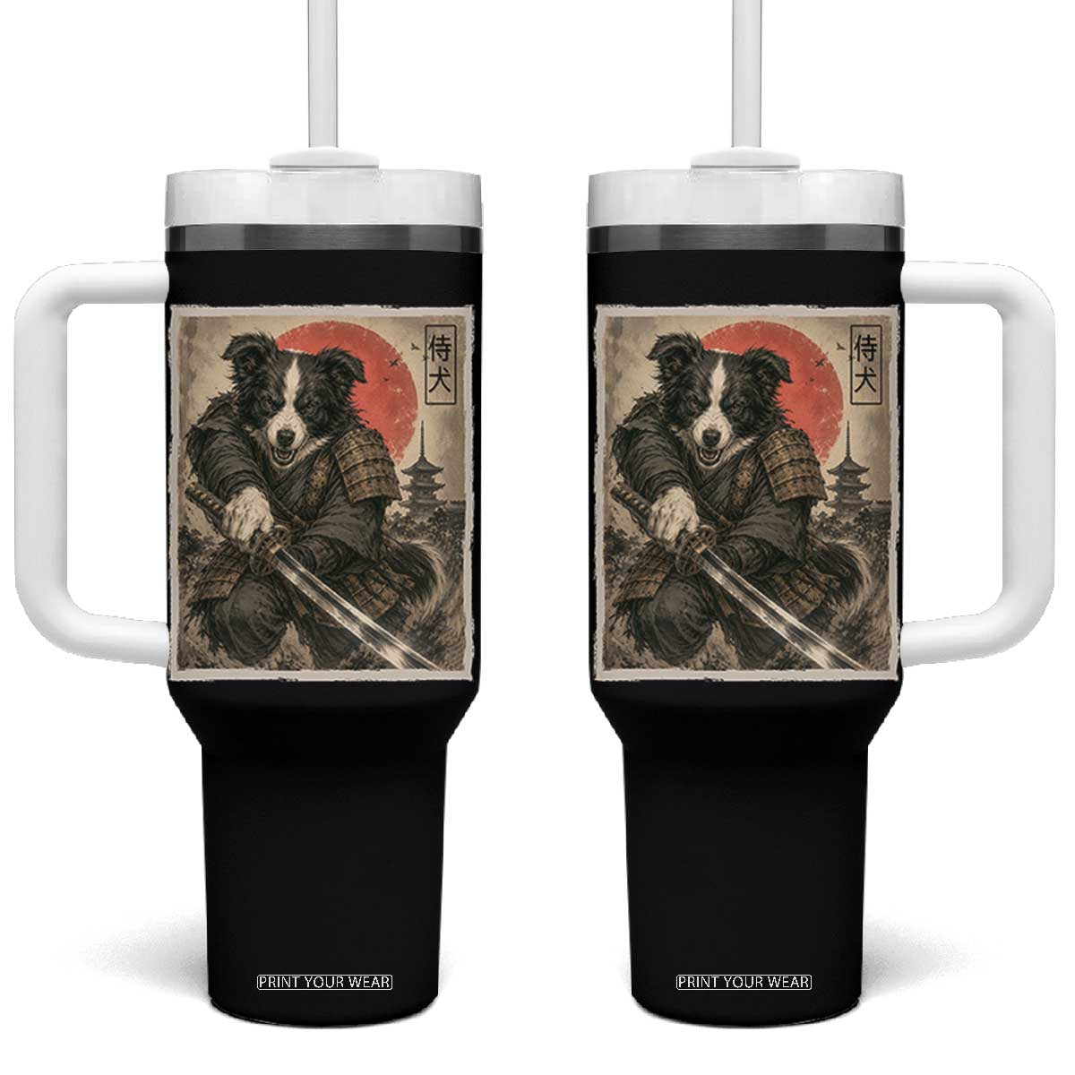 Japanese Border Collie Samurai Warrior Tumbler With Handle Vintage Ukiyoe Dog Lover TS12 One Size: 40 oz Black Print Your Wear