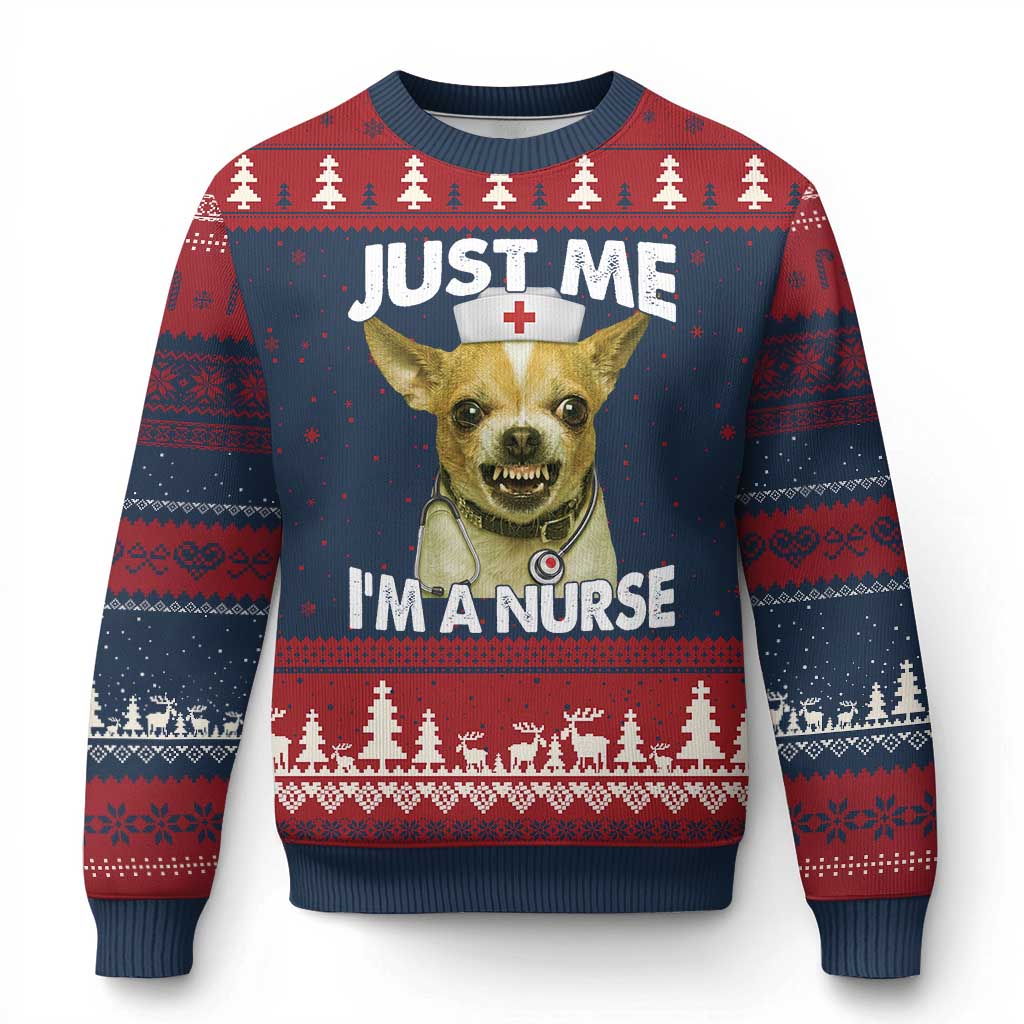 Angry Chihuahua Dog Meme Nurse Gift Ugly Christmas Sweater Funny Just Me I Am A Nurse TS12 Navy Red Print Your Wear