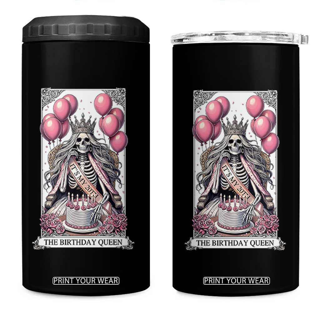 Funny 20th Birthday Queen Tarot Card 4 in 1 Can Cooler Tumbler Gothic Skeleton Dark Humor Gift