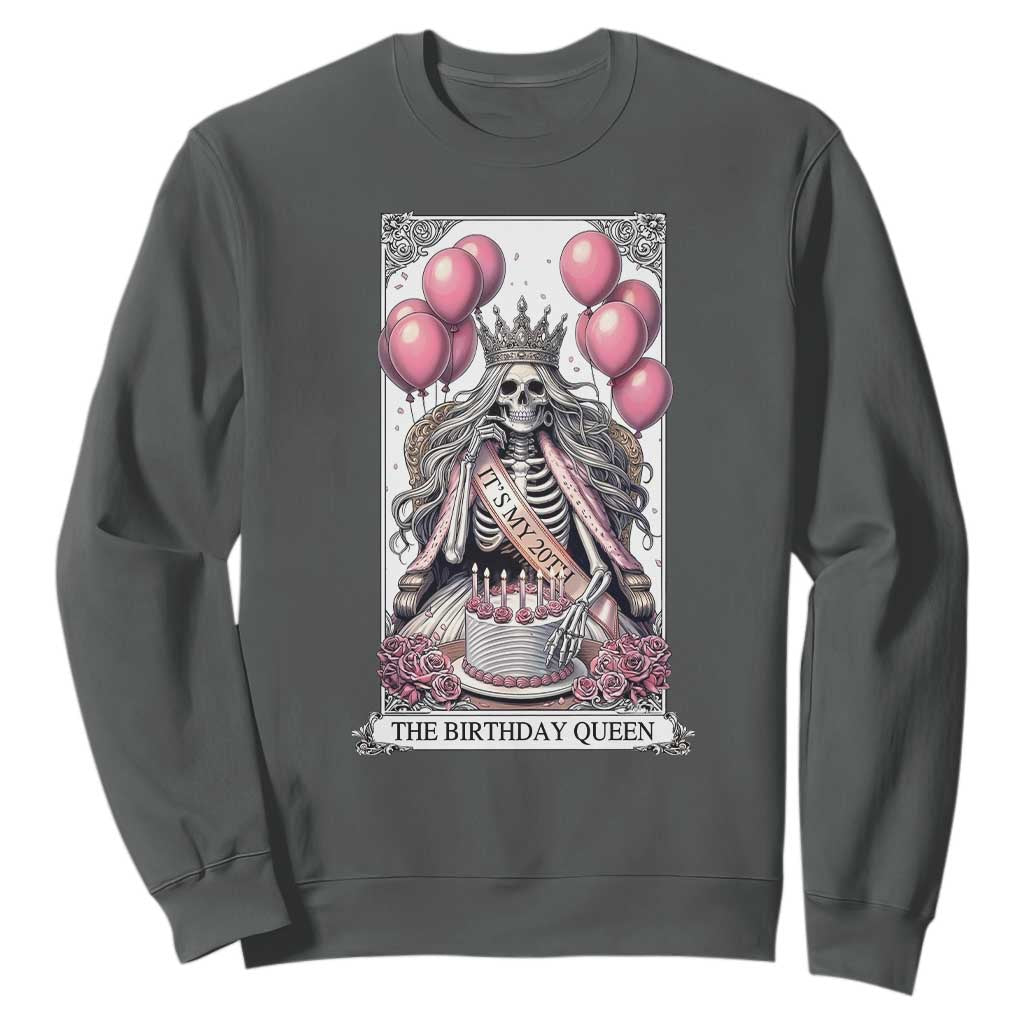 Funny 20th Birthday Queen Tarot Card Sweatshirt Gothic Skeleton Dark Humor Gift TS12 Dark Heather Print Your Wear
