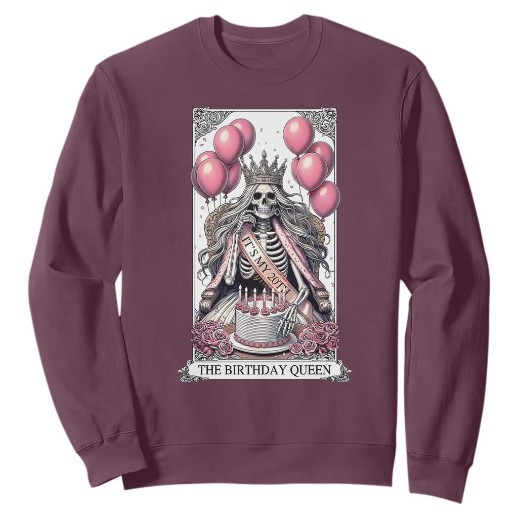 Funny 20th Birthday Queen Tarot Card Sweatshirt Gothic Skeleton Dark Humor Gift TS12 Maroon Print Your Wear