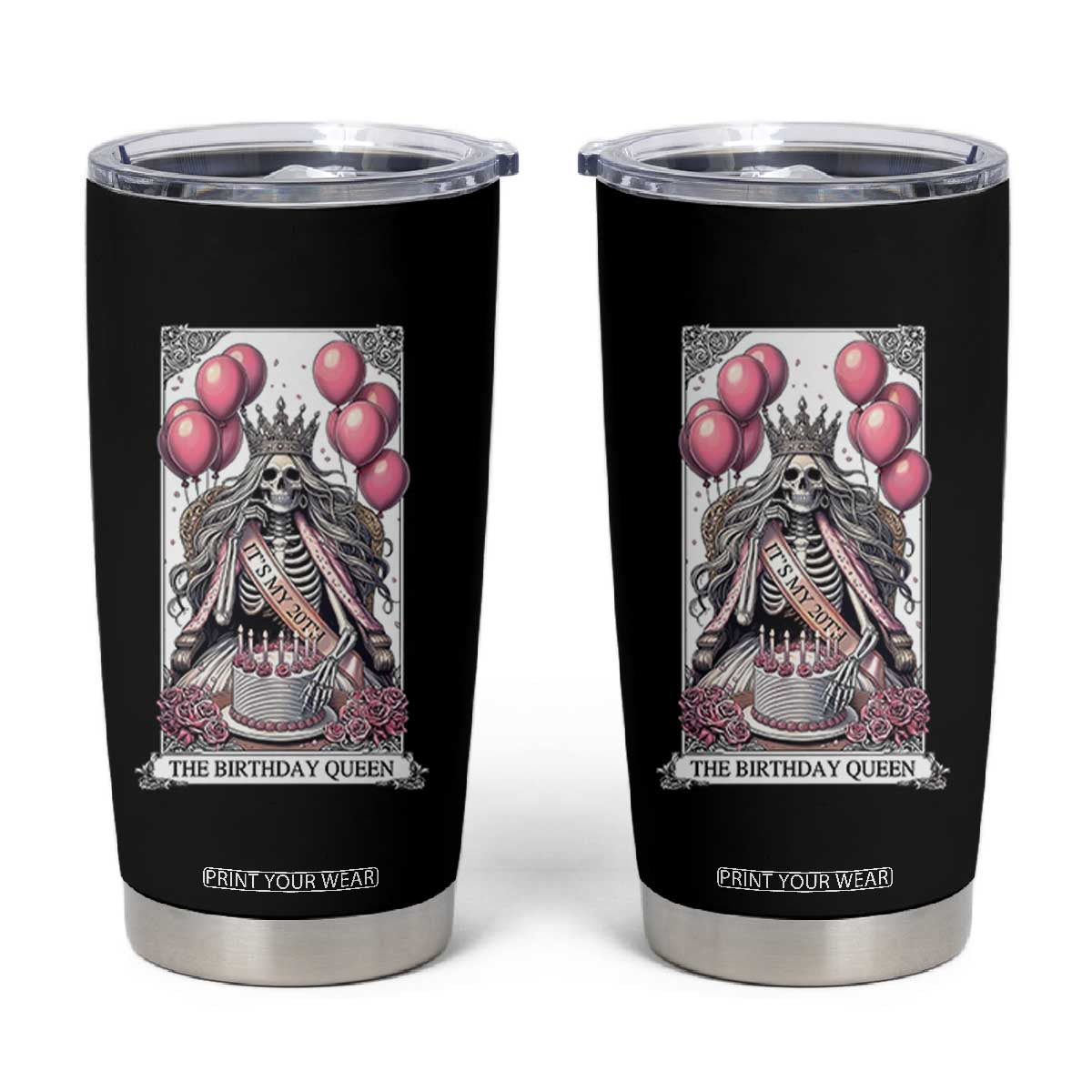 Funny 20th Birthday Queen Tarot Card Tumbler Cup Gothic Skeleton Dark Humor Gift