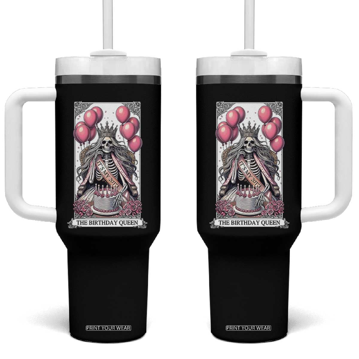 Funny 20th Birthday Queen Tarot Card Tumbler With Handle Gothic Skeleton Dark Humor Gift
