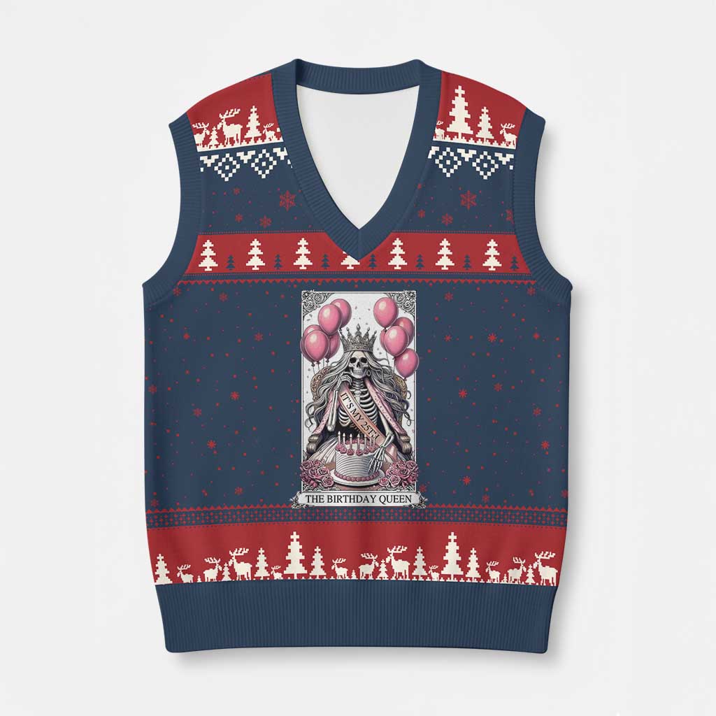 Funny 25th Birthday Queen Tarot Card V-Neck Knit Sweater Vest Gothic Skeleton Dark Humor Gift TS12 Navy Red Print Your Wear