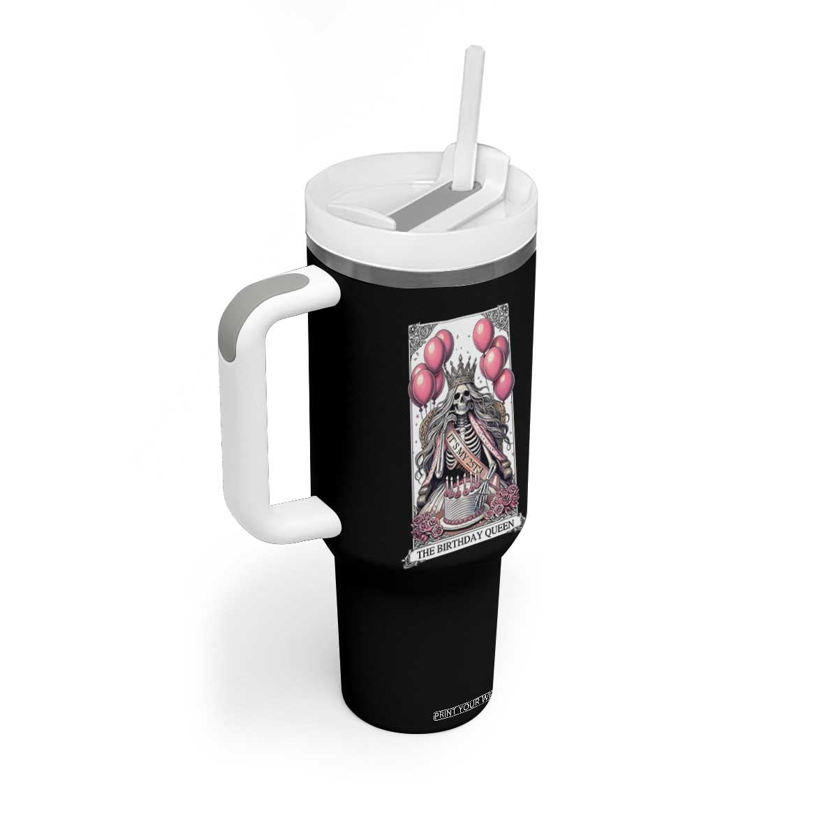 Funny 25th Birthday Queen Tarot Card Tumbler With Handle Gothic Skeleton Dark Humor Gift