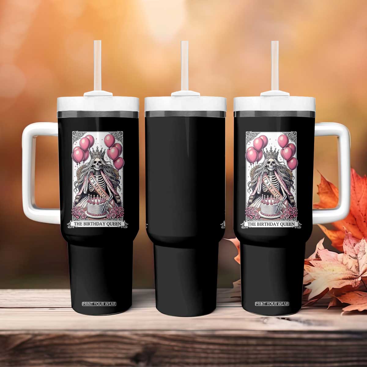 Funny 25th Birthday Queen Tarot Card Tumbler With Handle Gothic Skeleton Dark Humor Gift