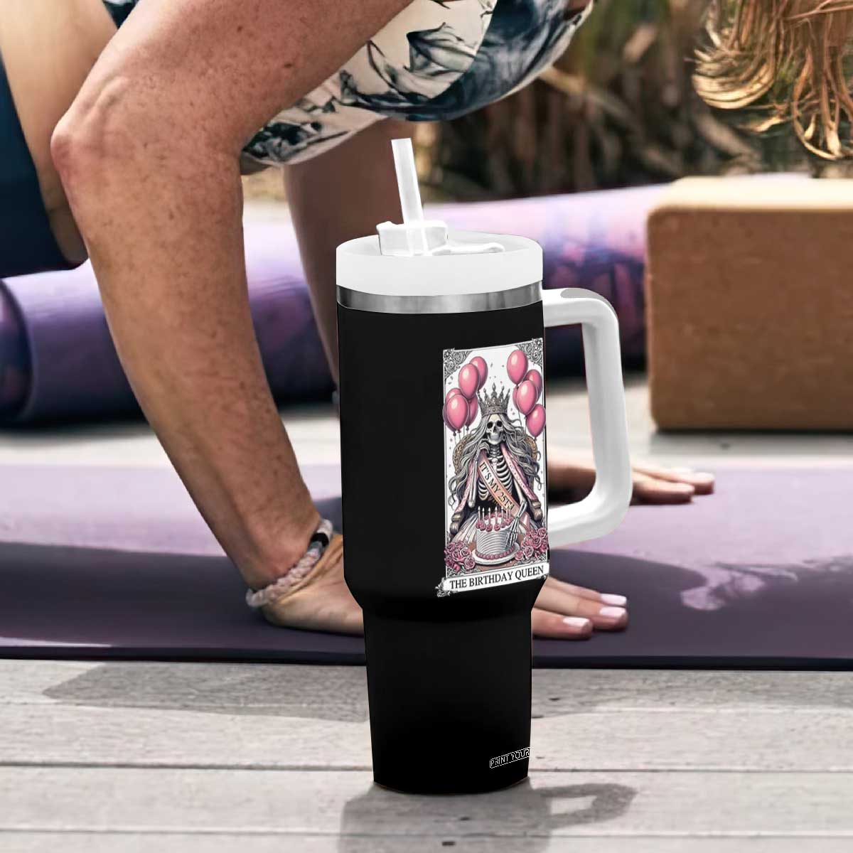 Funny 25th Birthday Queen Tarot Card Tumbler With Handle Gothic Skeleton Dark Humor Gift