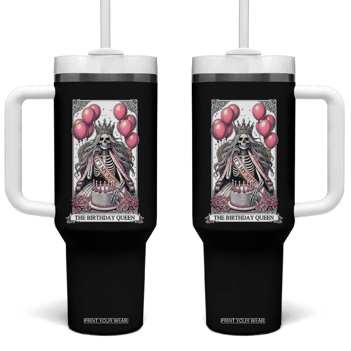 Funny 30th Birthday Queen Tarot Card Tumbler With Handle Gothic Skeleton Dark Humor Gift