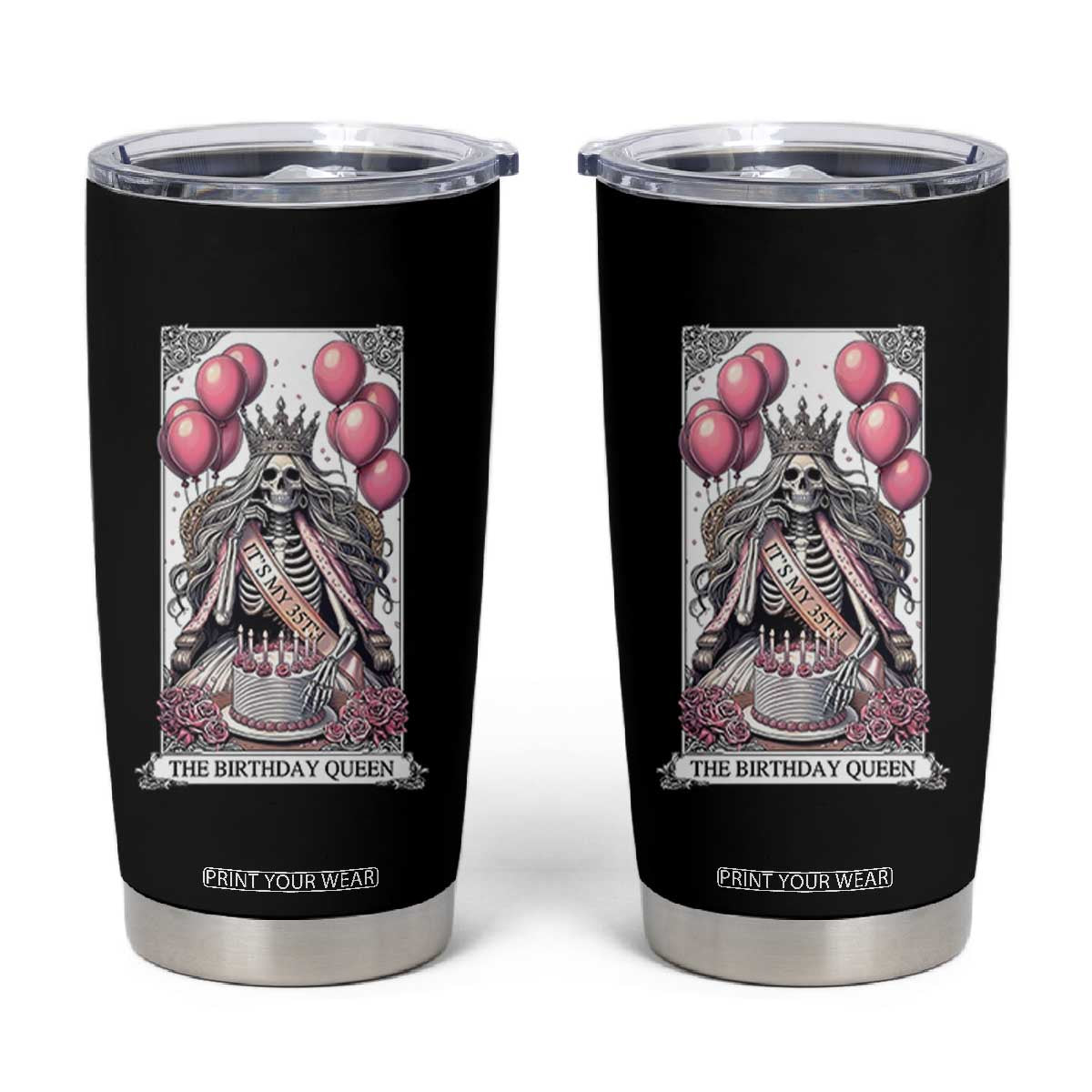 Funny 35th Birthday Queen Tarot Card Tumbler Cup Gothic Skeleton Dark Humor Gift