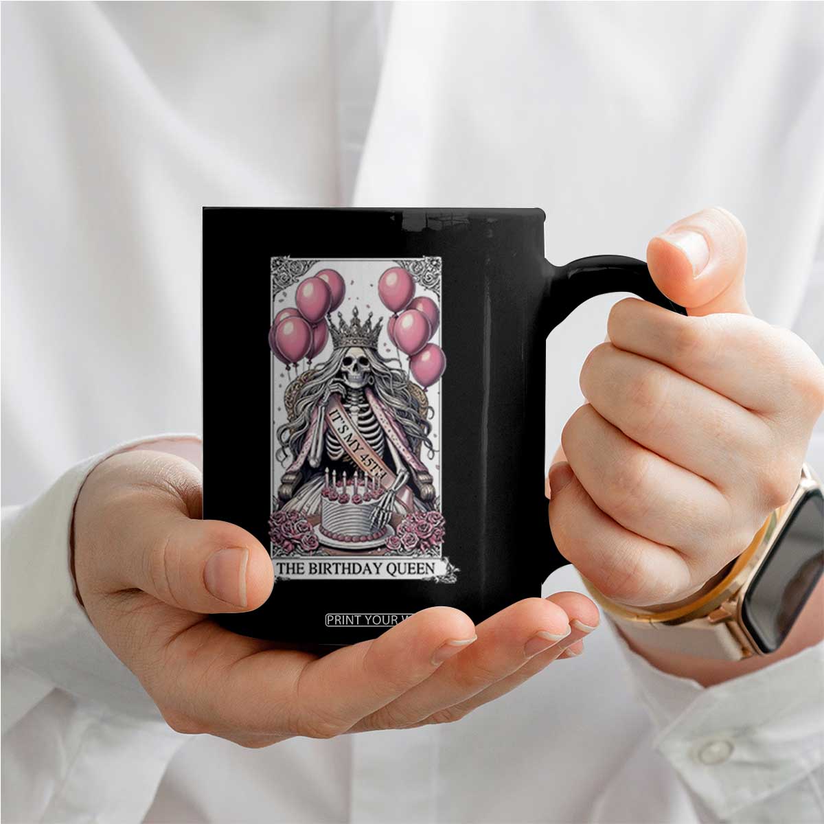 Funny 45th Birthday Queen Tarot Card Coffee Mug Gothic Skeleton Dark Humor Gift