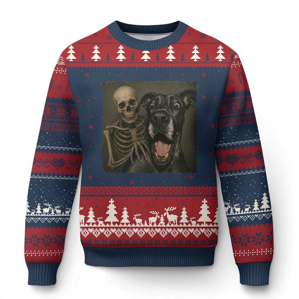 Funny Skeleton Selfie With Great Dane Ugly Christmas Sweater Halloween Spooky Dog Lover Gift TS12 Navy Red Print Your Wear