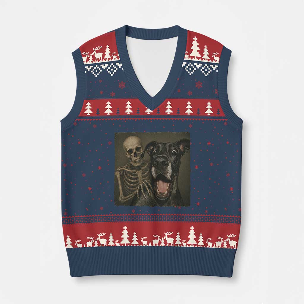 Funny Skeleton Selfie With Great Dane V-Neck Knit Sweater Vest Halloween Spooky Dog Lover Gift TS12 Navy Red Print Your Wear