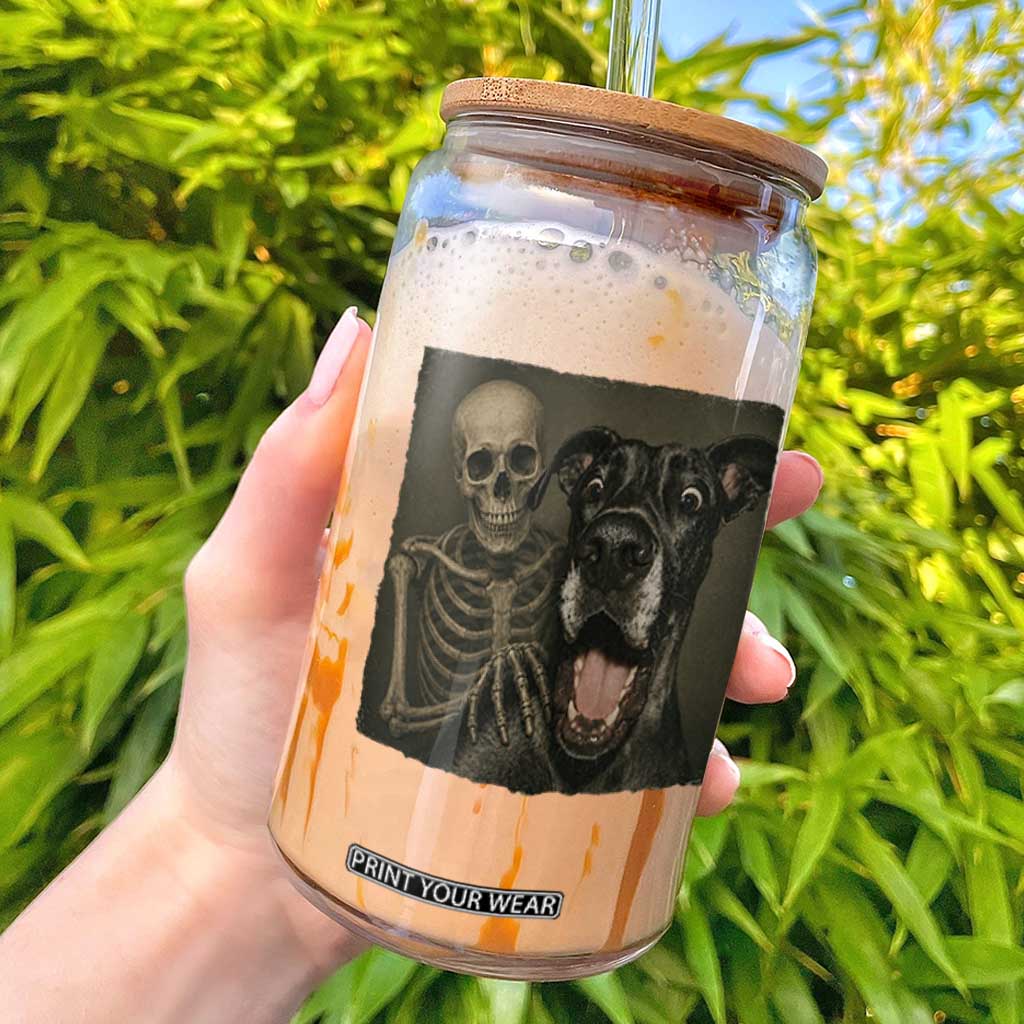Funny Skeleton Selfie With Great Dane Glass Can Halloween Spooky Dog Lover Gift TS12 Black Print Your Wear