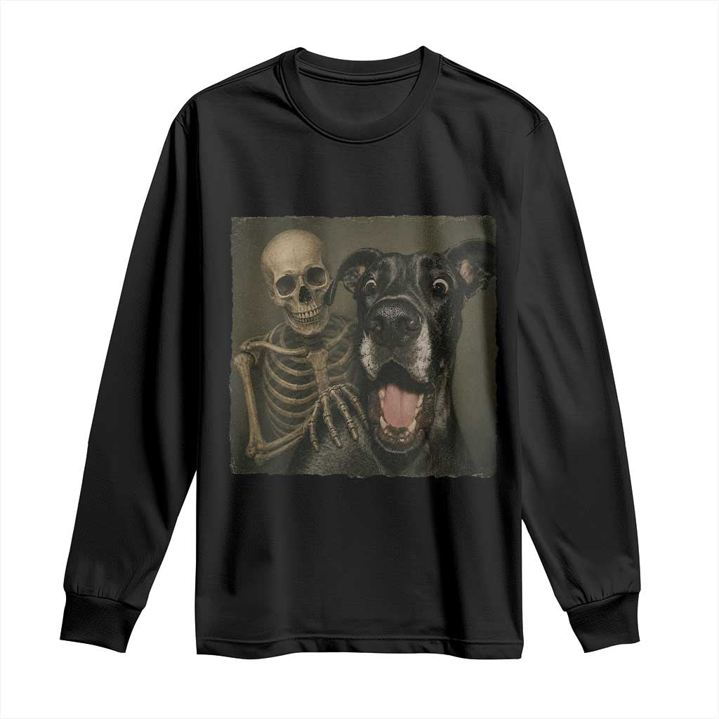 Funny Skeleton Selfie With Great Dane Long Sleeve Shirt Halloween Spooky Dog Lover Gift TS12 Black Print Your Wear