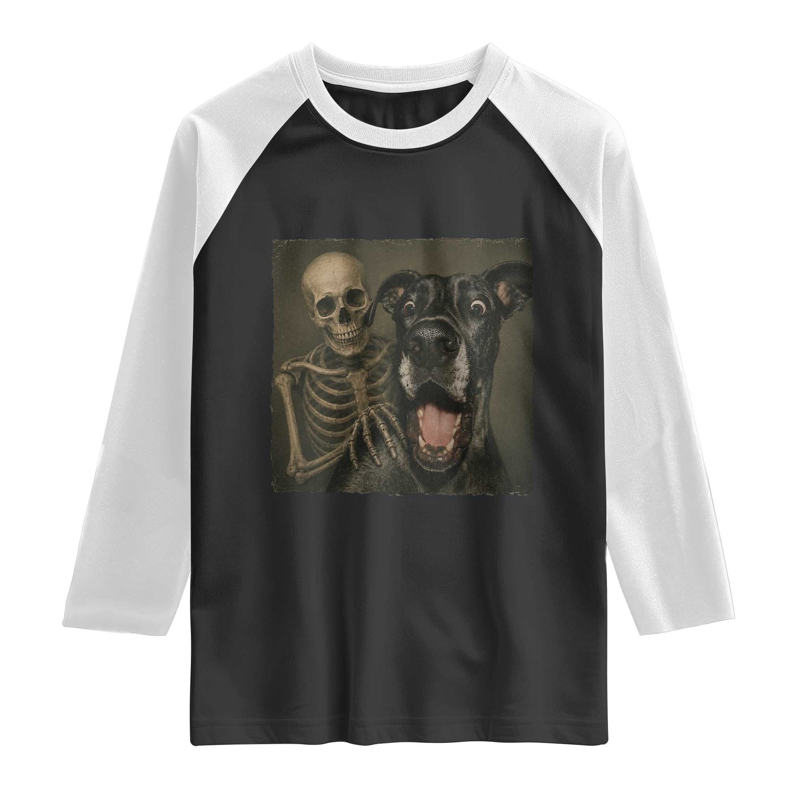 Funny Skeleton Selfie With Great Dane Raglan Shirt Halloween Spooky Dog Lover Gift TS12 Black White Print Your Wear