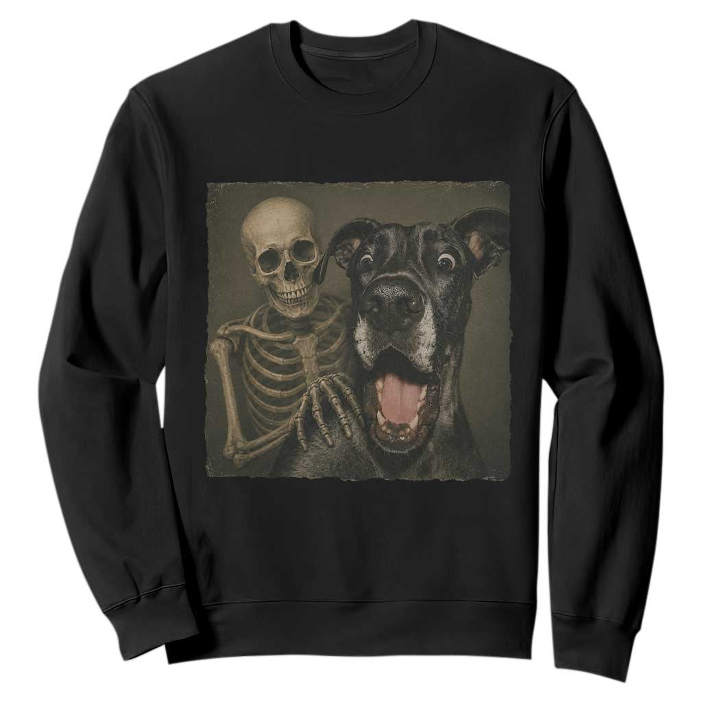Funny Skeleton Selfie With Great Dane Sweatshirt Halloween Spooky Dog Lover Gift TS12 Black Print Your Wear