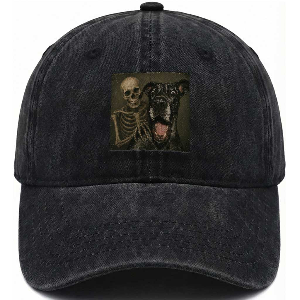 Funny Skeleton Selfie With Great Dane Washed Cotton Baseball Cap Halloween Spooky Dog Lover Gift TS12 Print Your Wear