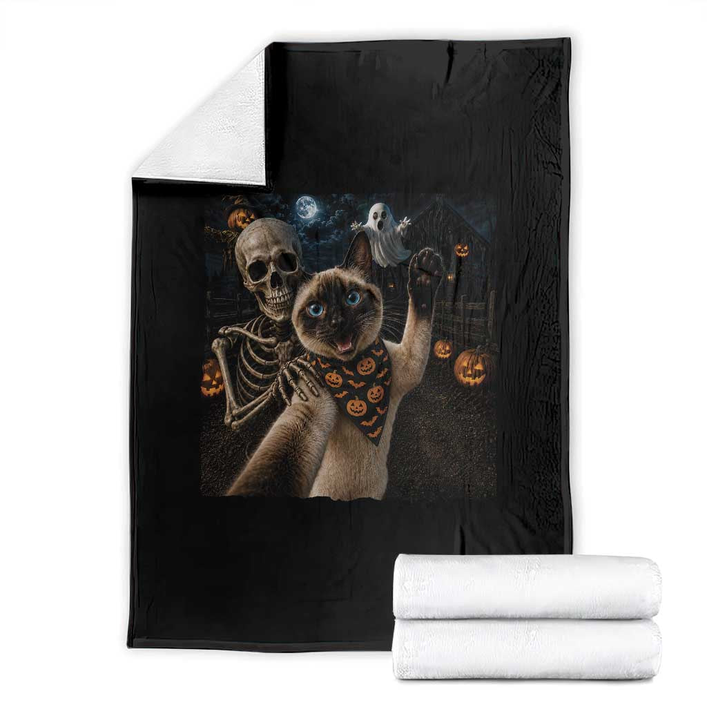 Funny Skeleton Selfie Siamese Cat Throw Blanket Halloween Spooky Cat Lover Gift TS12 Black Print Your Wear