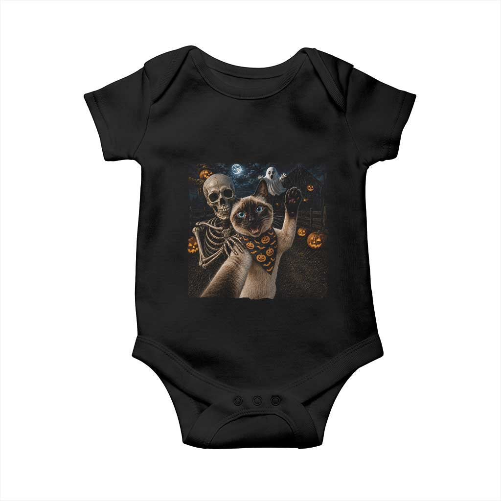 Funny Skeleton Selfie Siamese Cat Baby Onesie Halloween Spooky Cat Lover Gift TS12 Black Print Your Wear
